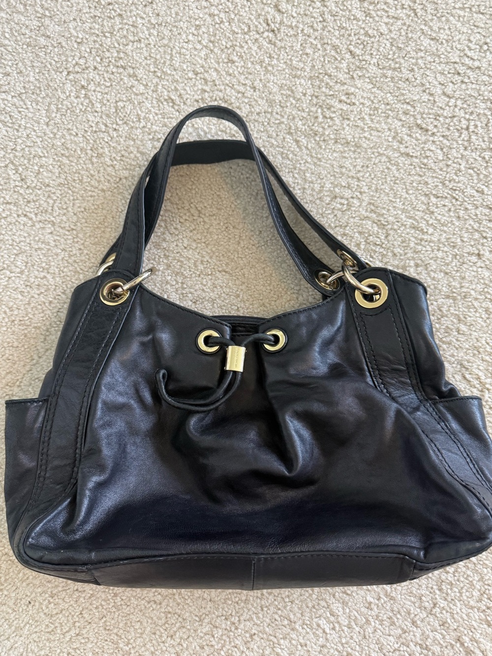 Michael Kors Black Leather Drawstring Shoulder Tote with Gold Hardware